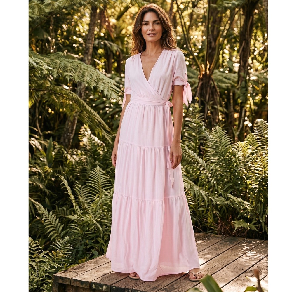 Melissa Odabash Emily Blush Wrap Maxi Dress M Coastal Resort Tiered Pink Belted